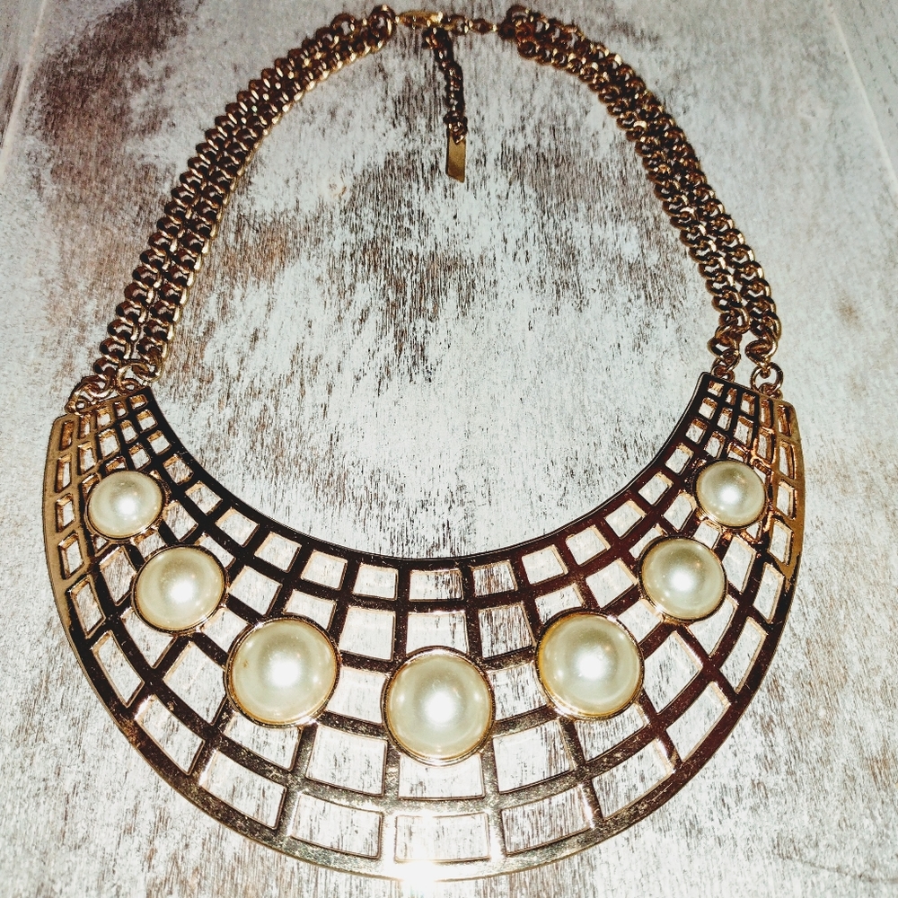 Gold Statement Necklace With Faux Pearls Attached.